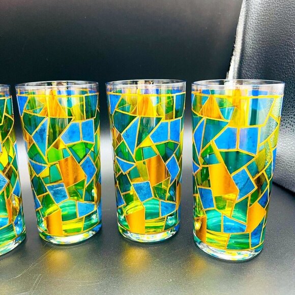Vtg MCM West Virginia Glass Cocktail Set 22K Gold Mosaic 7 pc 50 oz Pitcher - Picture 3 of 16